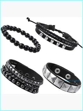 4-Piece Studded Punk Bracelet Set, Adjustable Leather Cuffs, Unisex Gothic